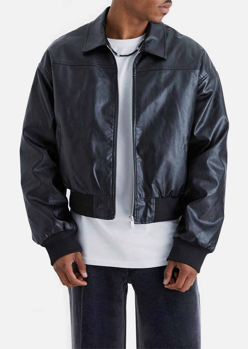 Boxy PU Collared Bomber Jacket