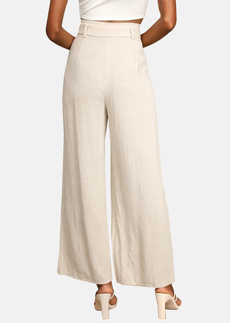 Beige Belted High-Waisted Wide-Leg Pants