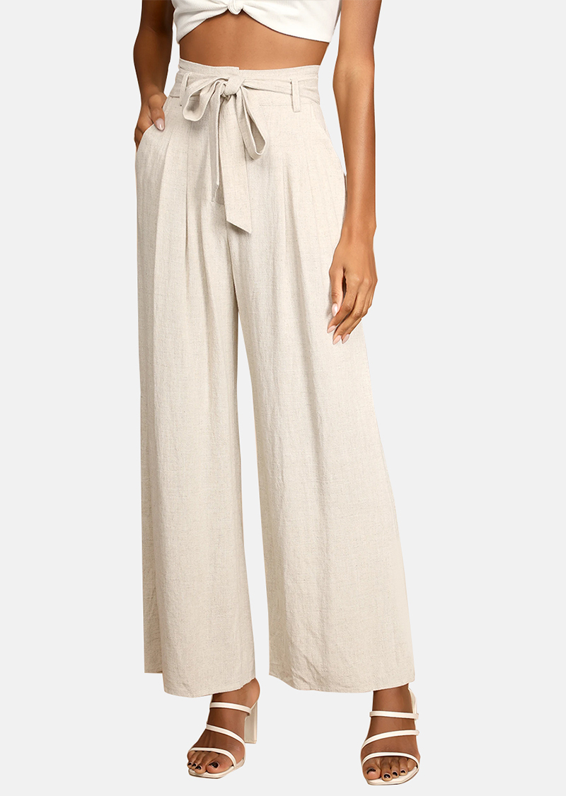 Beige Belted High-Waisted Wide-Leg Pants