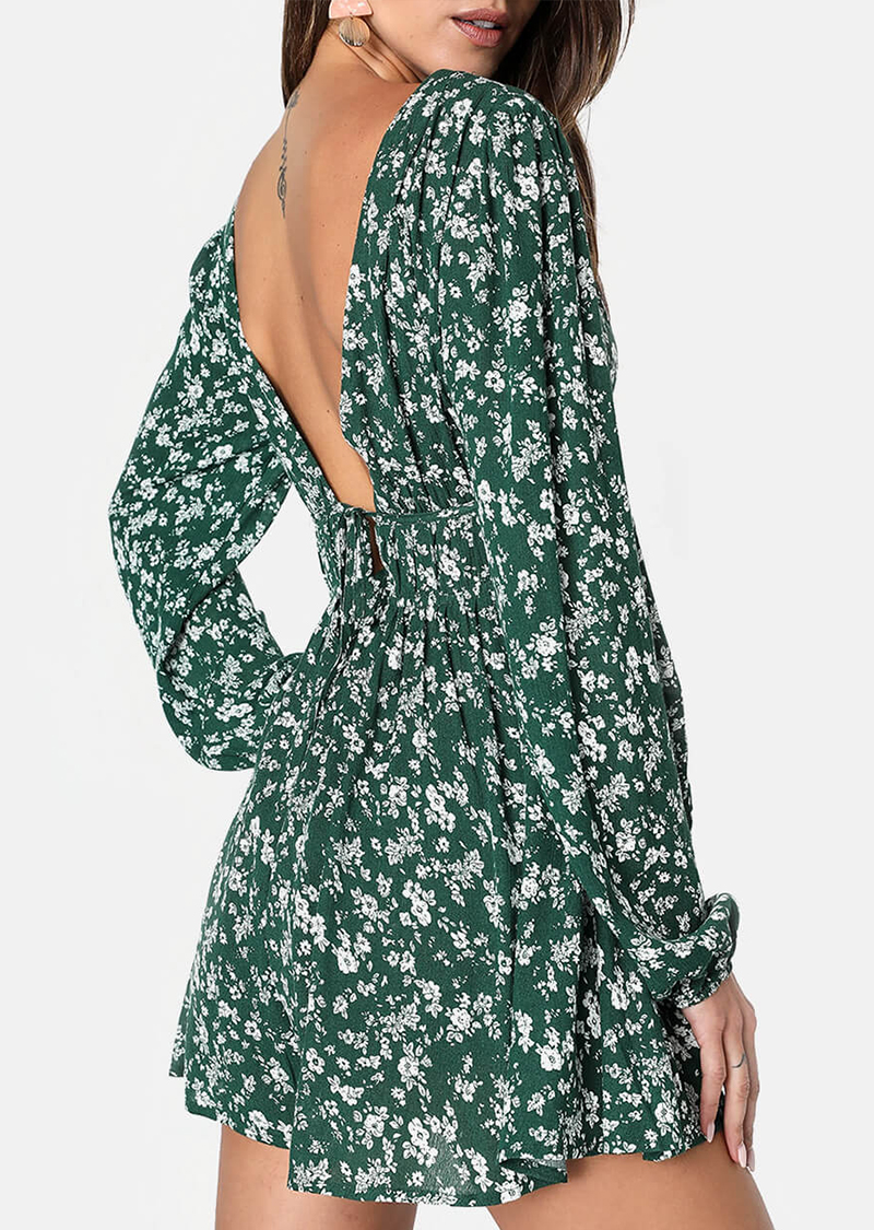 Dark Green Floral Print Long Sleeve Romper